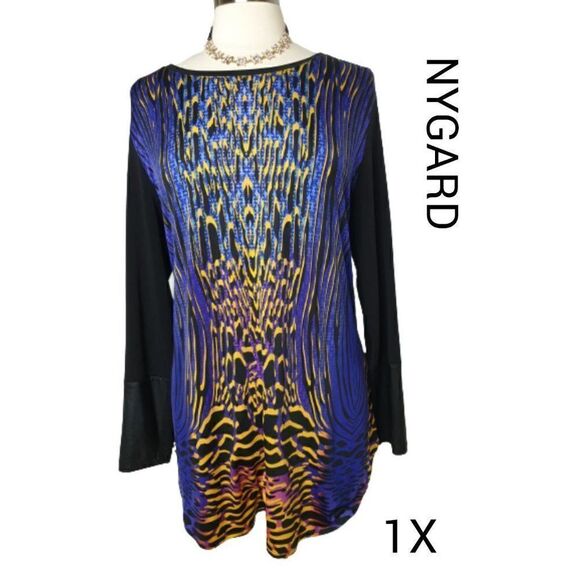 Women's Plus Black Tunic 1X Loose Fit Drape Wrap Back Vibrant Elegant Top NWOT - Picture 1 of 7